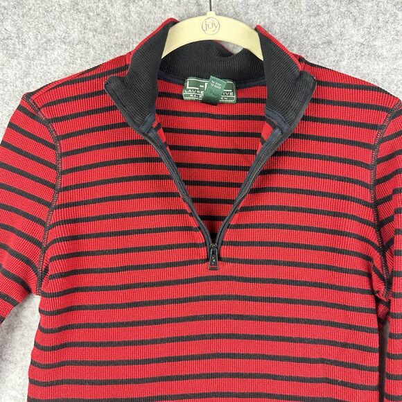 Lauren Ralph Lauren LRL Active Womens L Red Ribbed Striped LS 1/4 Zip Y2K Patch - Picture 3 of 16